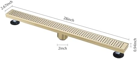 28 Inches Linear Shower Drain with Gold Grate and Hair Strainer