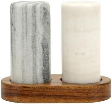 Spiretro Elegant Marble Salt and Pepper Shaker Set with Acacia Wood Holder
