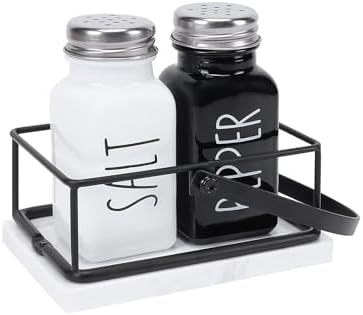 Livabber 2 Salt Pepper Shakers with Marble Holder Set