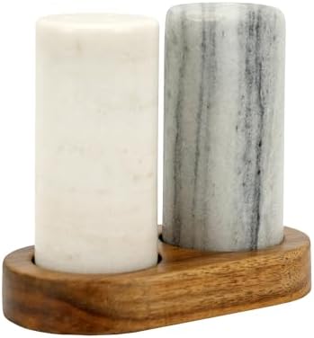 Spiretro Elegant Marble Salt and Pepper Shaker Set with Acacia Wood Holder