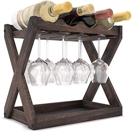 Rustic State Solid Wood Wine Rack for 4 Bottles and 6 Glasses