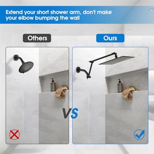 PDPBath 16 Inch Brass Shower Head Extension Arm with Lock Joints Matte Black