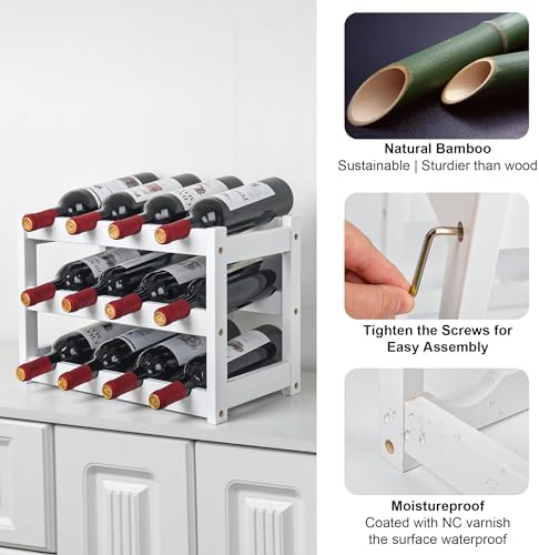 VASMIA Bamboo Wine Rack 12 Bottles 3-Tier White
