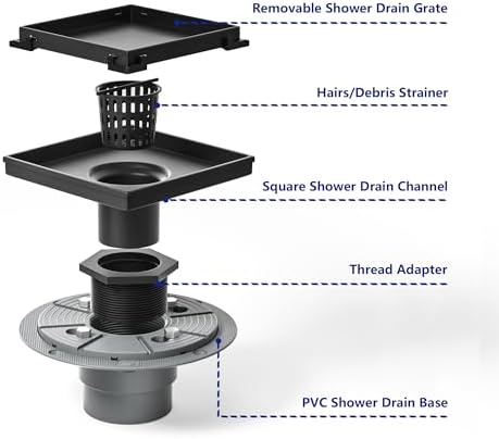 Bernkot Square Shower Drain 6 with 2 PVC Flange Base Matte Black