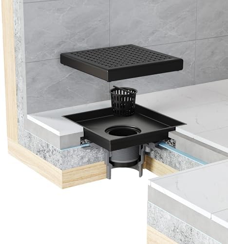 Neodrain 6 Inch Square Shower Drain with Matte Black Grate