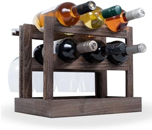 Rustic State Burnt Brown Wood Wine Rack for 6 Bottles 4 Glasses