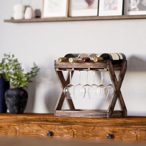 Rustic State Solid Wood Wine Rack for 4 Bottles and 6 Glasses