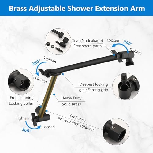 PDPBath 16 Inch Brass Shower Head Extension Arm with Lock Joints Matte Black