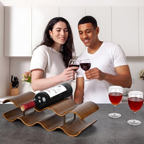TRUDING 7 Bottle Tabletop Wine Rack - 2 Tier Walnut Wavy Holder Stand