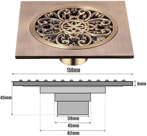 Antique Brass 6 Inch Floor Drain with Quadrato Pattern
