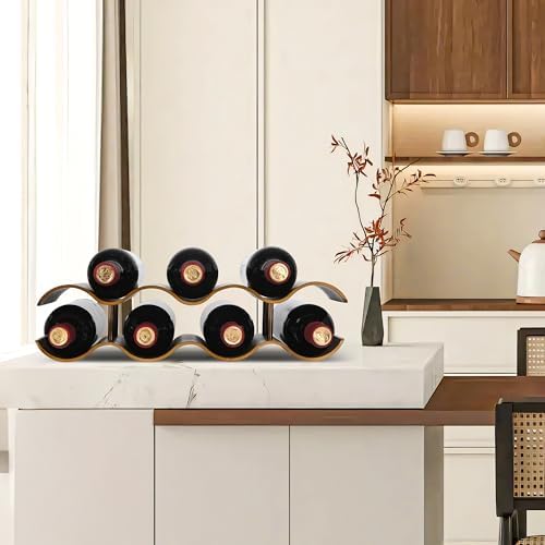 TRUDING 7 Bottle Tabletop Wine Rack - 2 Tier Walnut Wavy Holder Stand