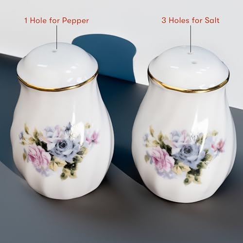 Lynns Serafina Floral Salt Pepper Set Purple 24K Gold Porcelain