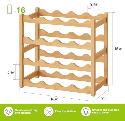 BMOSU Bamboo Wine Rack 4 Tiers 16 Bottle Storage