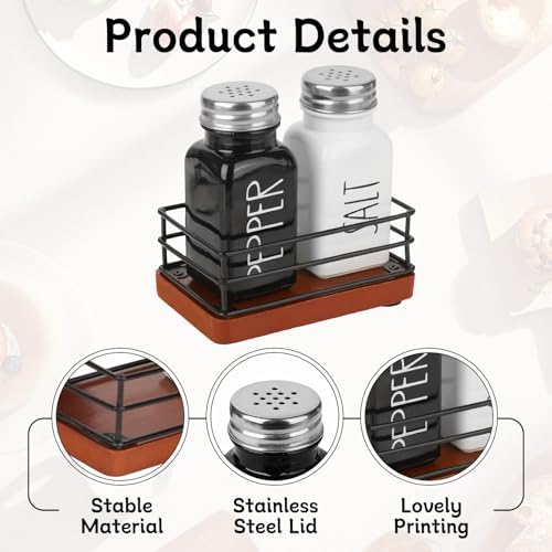 Cute Farmhouse Salt Pepper Shakers Set with Wooden Holder