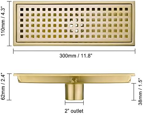 Brushed Gold Linear Drain with Removable Cover Grid 12in x 43in