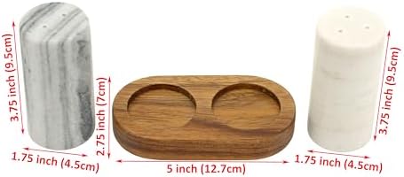 Spiretro Elegant Marble Salt and Pepper Shaker Set with Acacia Wood Holder