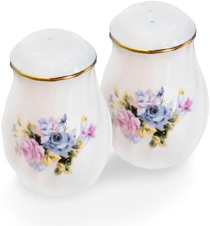 Lynns Serafina Floral Salt Pepper Set Purple 24K Gold Porcelain