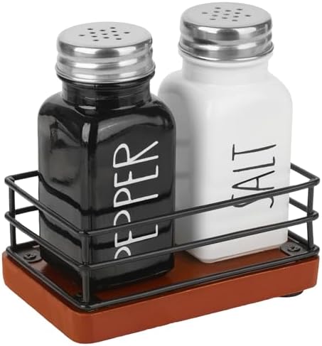 Cute Farmhouse Salt Pepper Shakers Set with Wooden Holder