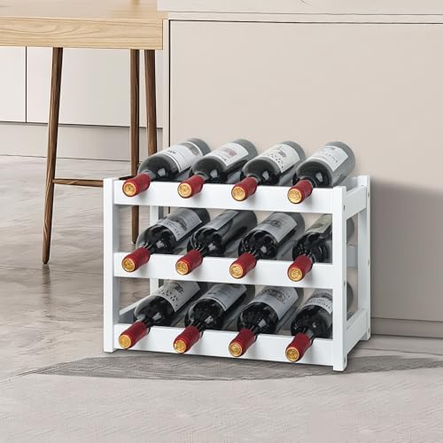 VASMIA Bamboo Wine Rack 12 Bottles 3-Tier White