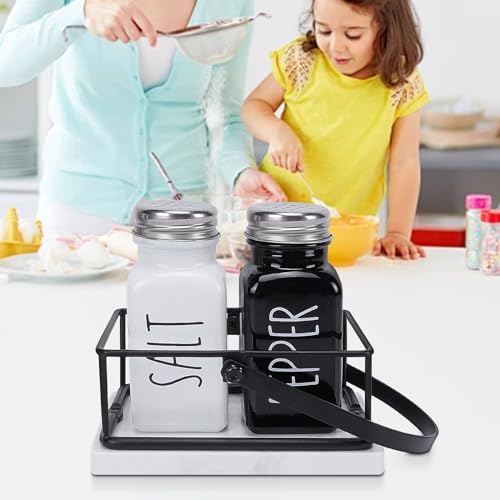 Livabber 2 Salt Pepper Shakers with Marble Holder Set
