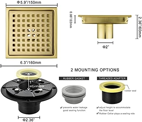 Brushed Gold 6 Inch Square Shower Drain with Adjustable Base Flange 1
