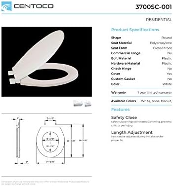 Centoco 3700SC-001 Round Toilet Seat with Safety Close