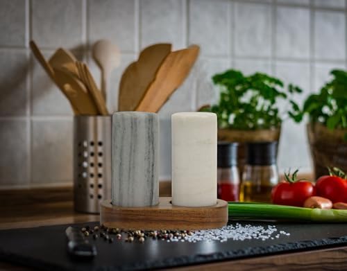 Spiretro Elegant Marble Salt and Pepper Shaker Set with Acacia Wood Holder