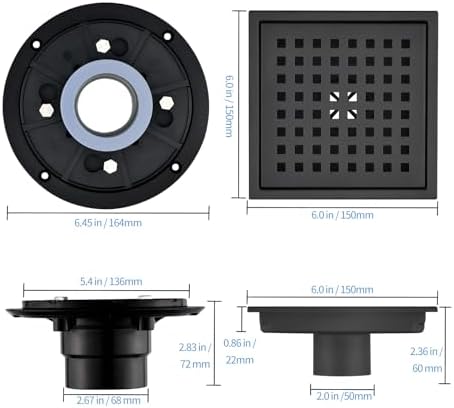 6 Inch Square Shower Drain with Hair Strainer and Flange