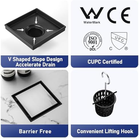 Bernkot Square Shower Drain 6 with 2 PVC Flange Base Matte Black