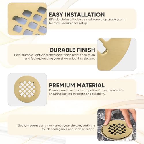 425 Brushed Light Gold Shower Drain Cover - Solid Brass Easy Install