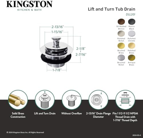 Kingston Brass DLL208 Lift and Lock Bath Tub Drain