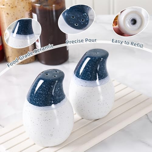 ZEBERBO Ceramic Salt Pepper Shaker Set - Blue White Farmhouse Style