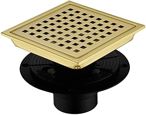 Brushed Gold 6 Inch Square Shower Drain with Adjustable Base Flange 1