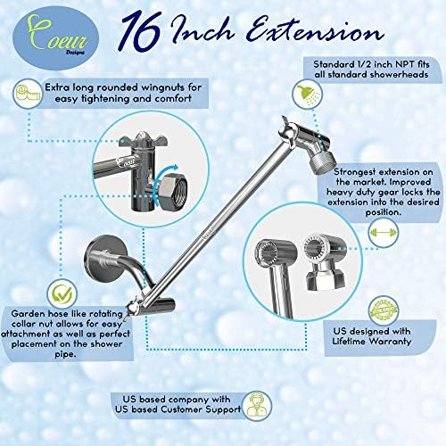 16-Inch Brass Shower Extension Arm with Adjustable Locking Gear