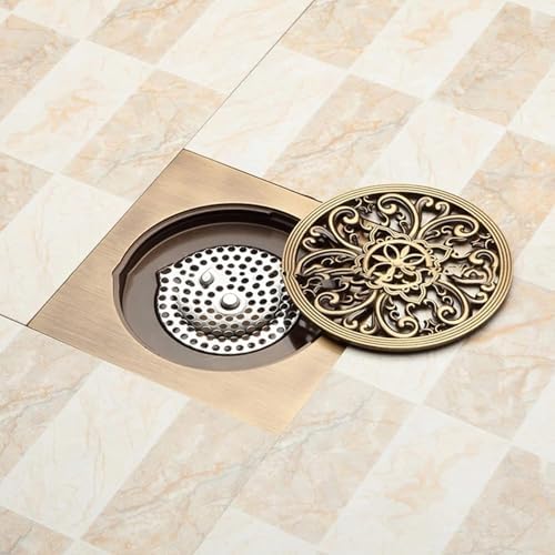 Antique Brass 6 Inch Floor Drain with Quadrato Pattern