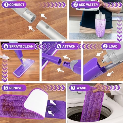 HOMTOYOU Spray Mop with 3 Microfiber Pads