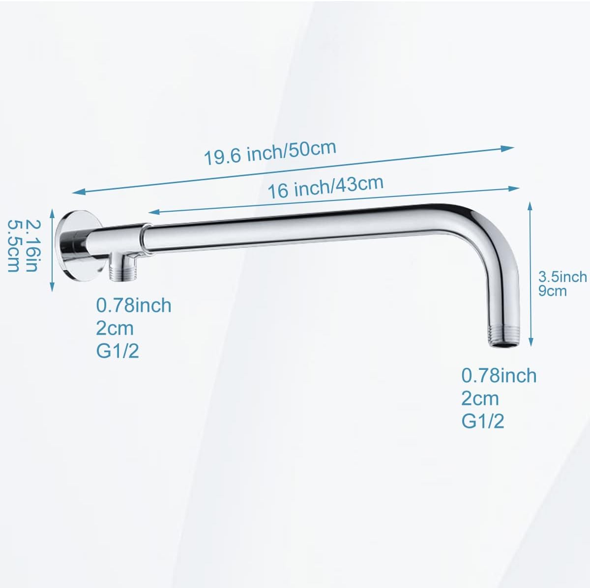 Chrome Copper Shower Arm 16 Inches Right Angle Wall Mount