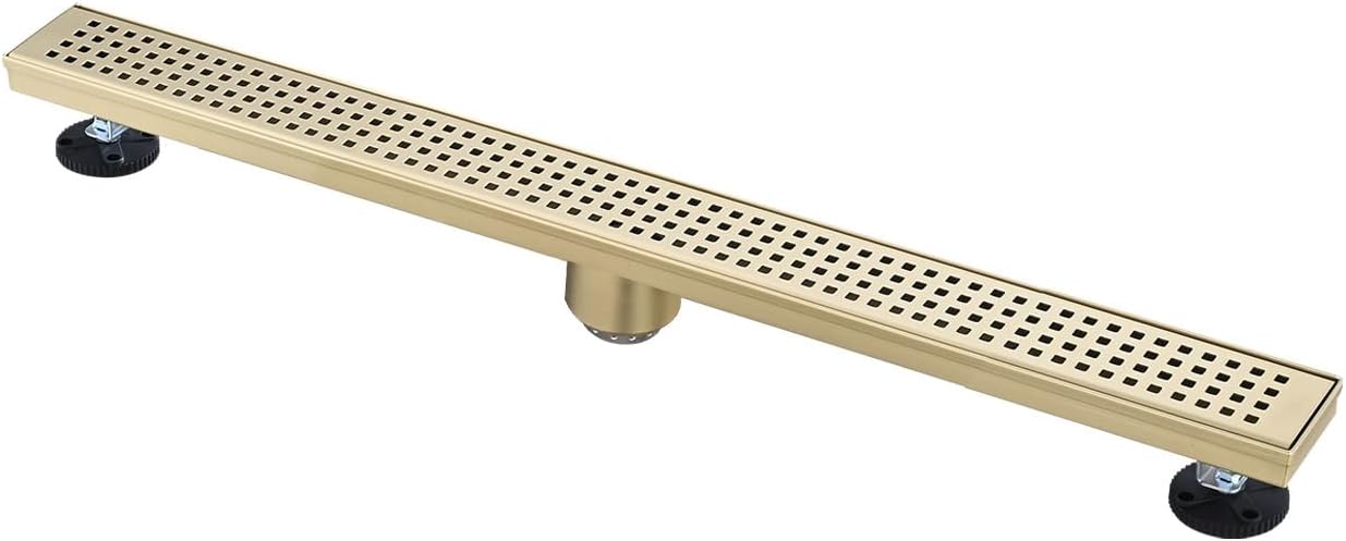 28 Inches Linear Shower Drain with Gold Grate and Hair Strainer