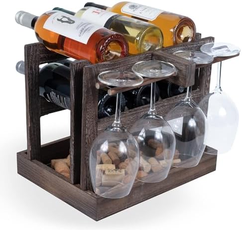 Rustic State Burnt Brown Wood Wine Rack for 6 Bottles 4 Glasses