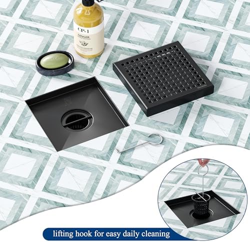 Neodrain 6 Inch Square Shower Drain with Matte Black Grate