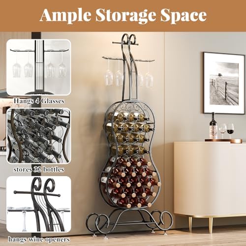 HavenlyYouth 32-Bottle Freestanding Wine Rack - Black Metal Wine Holder