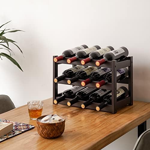VASMIA Bamboo Wine Rack 3-Tier 12 Bottles Storage Cabinet Shelf Brown