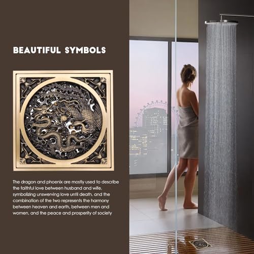 Stainless Steel Copper Square Floor Drain with Dragon Phoenix Design