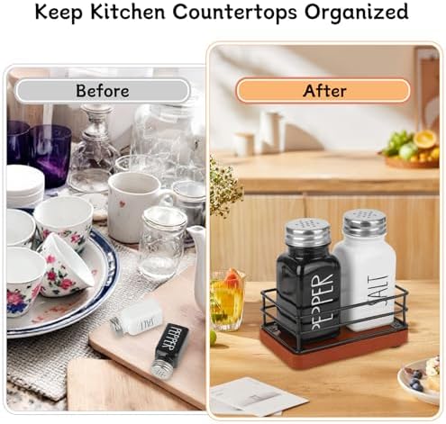 Cute Farmhouse Salt Pepper Shakers Set with Wooden Holder