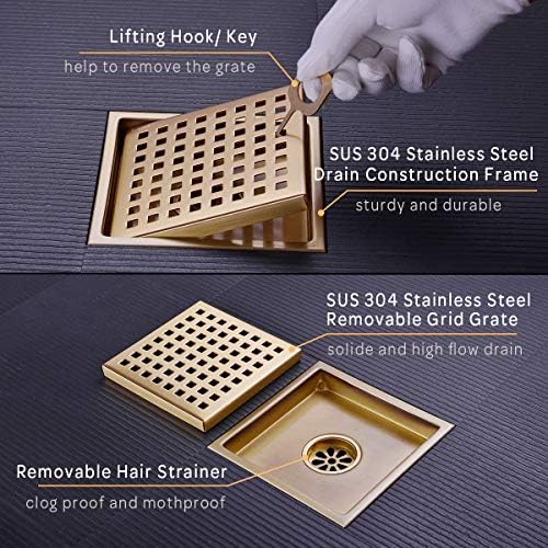 Brushed Gold 6 Inch Square Shower Drain with Adjustable Base Flange 1