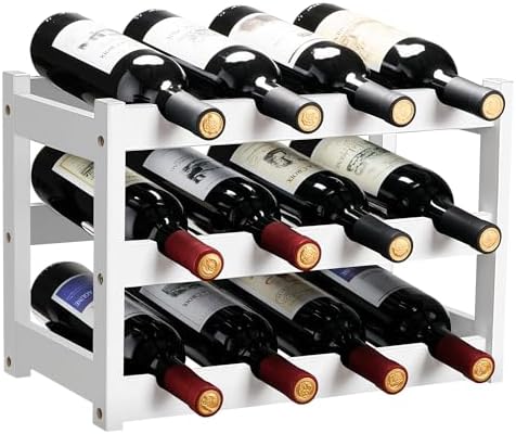 VASMIA Bamboo Wine Rack 12 Bottles 3-Tier White