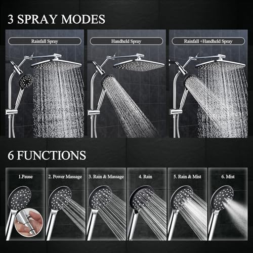 Veken 118 Inch Shower Head with 6 Modes and Adjustable Slide Bar