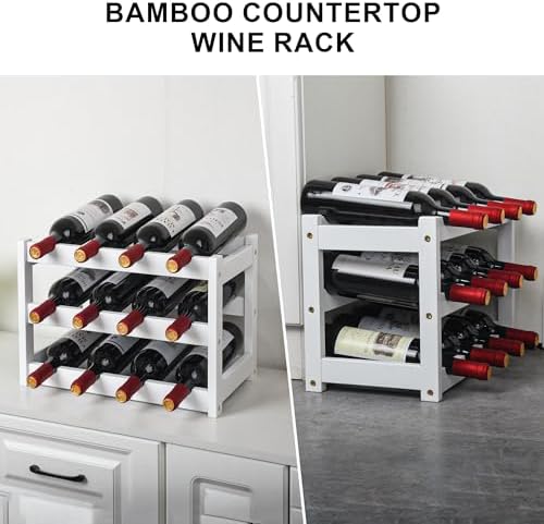 VASMIA Bamboo Wine Rack 12 Bottles 3-Tier White