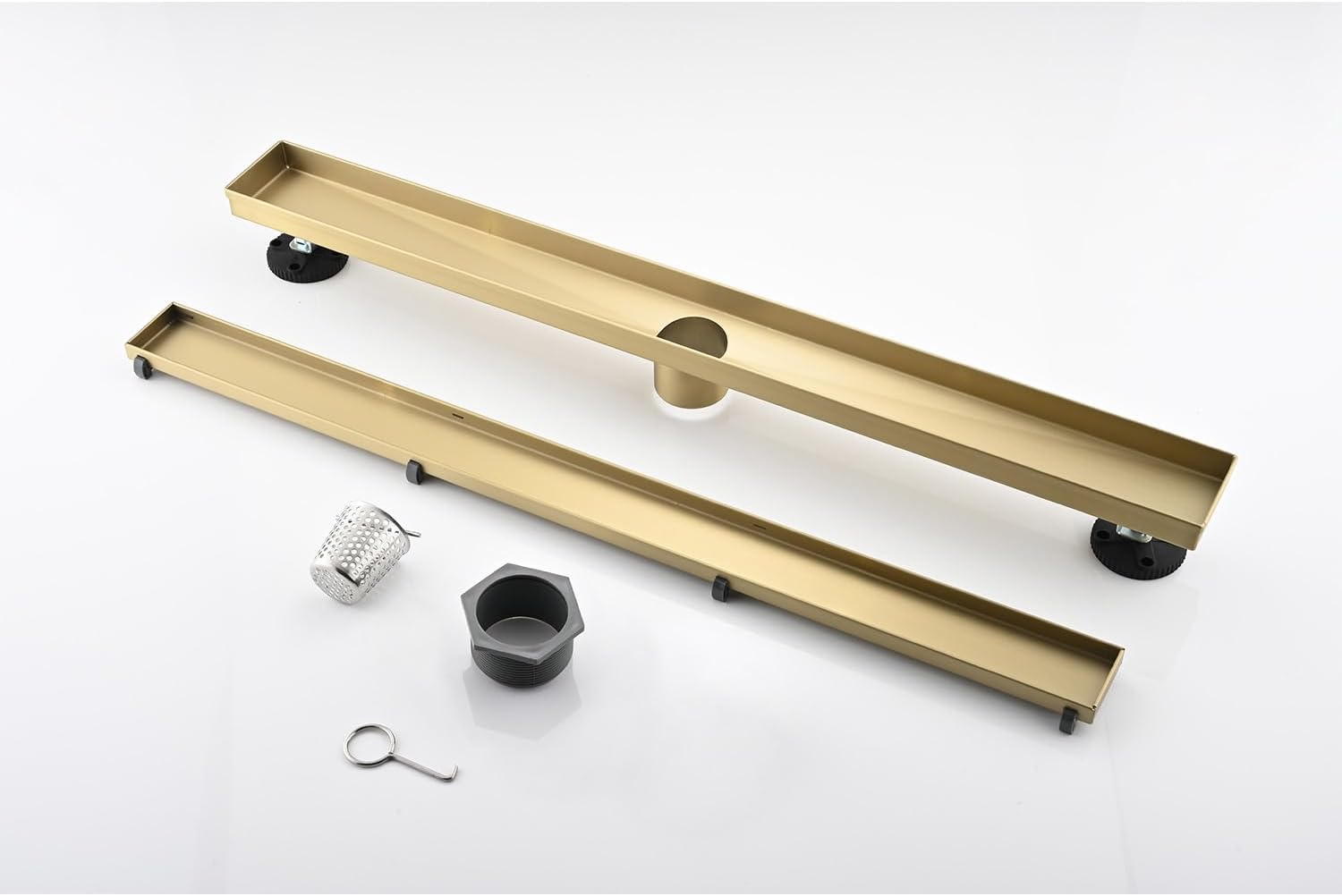 24 Inches Linear Shower Drain with Brushed Gold Hair Strainer