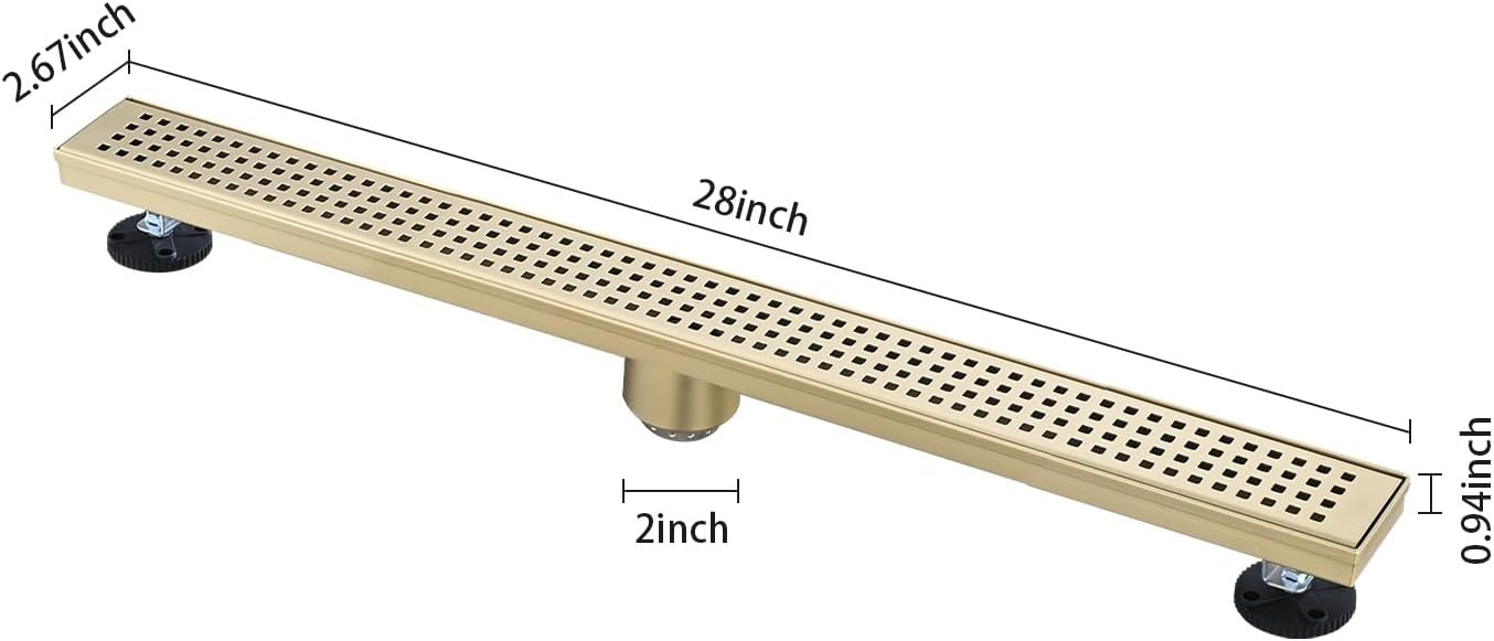 28 Inches Linear Shower Drain with Gold Grate and Hair Strainer